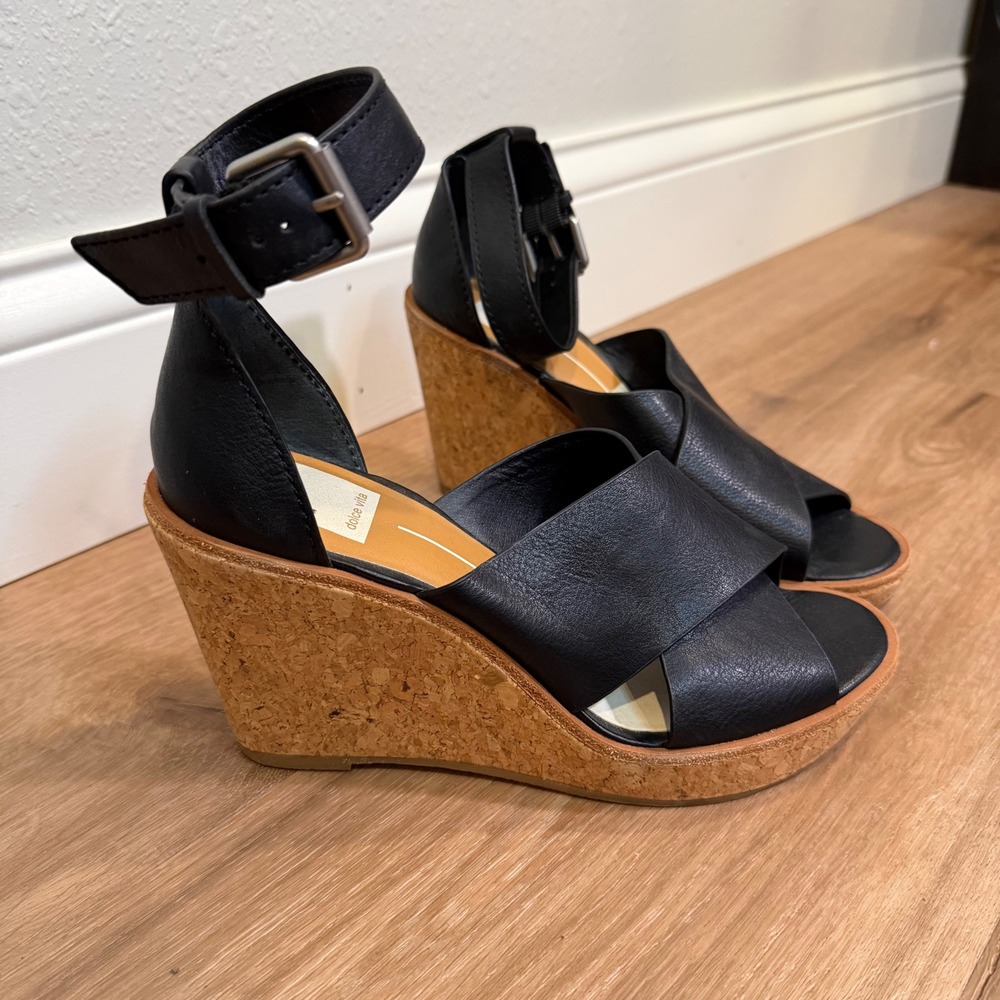 Dolce Vita Wedge Sandals Womens 7.5 Black Leather Cork Ankle Strap Boho Classic